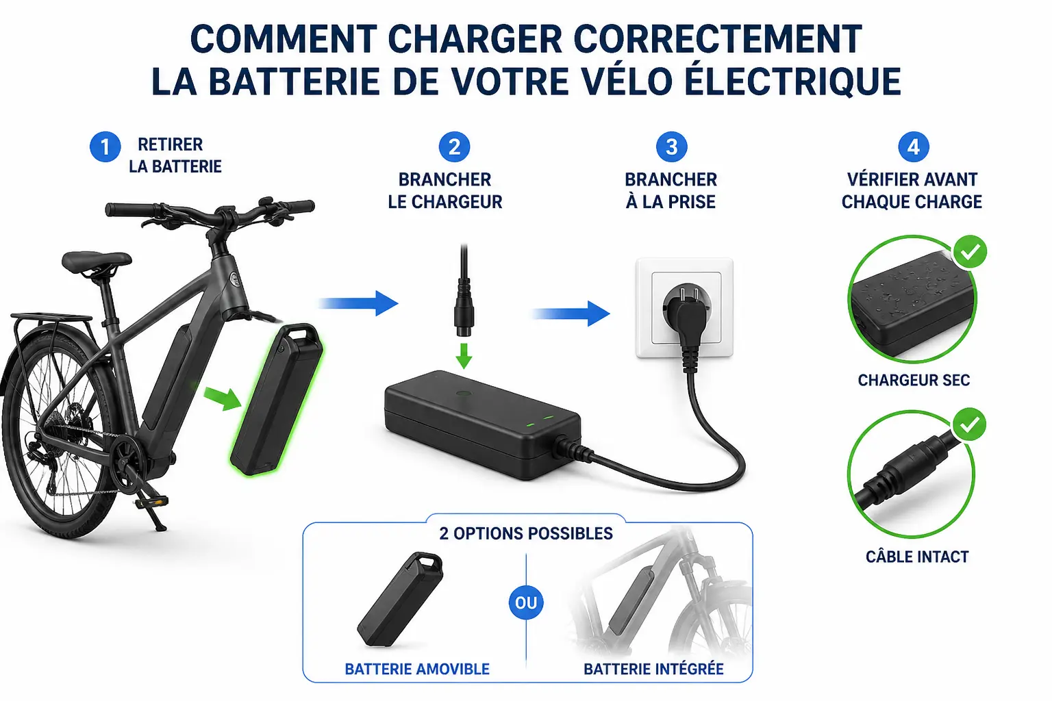 Charger velo electrique : batterie amovible retirée, câble sec et prise murale pour une charge sûre.