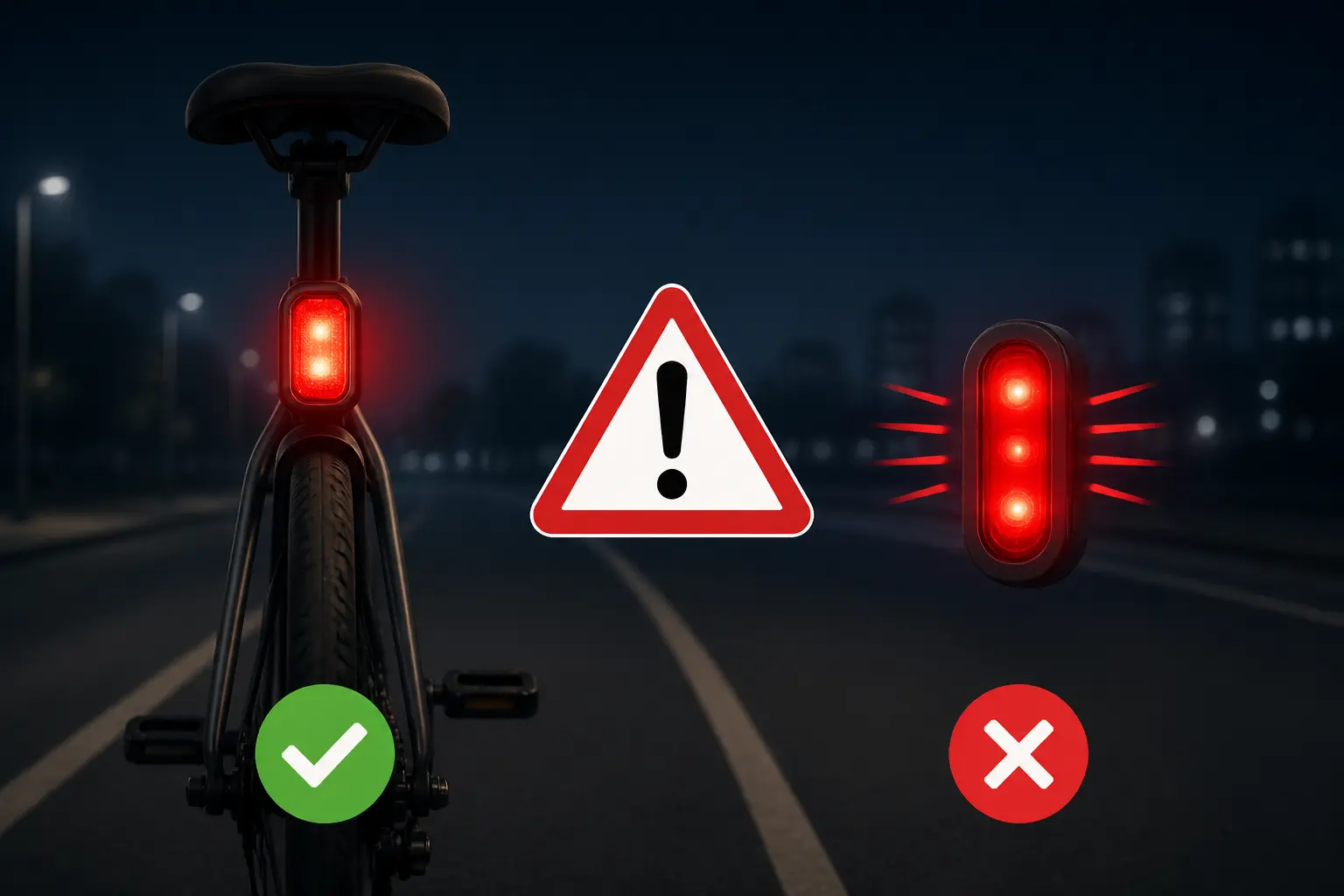 Vélo vu de dos avec feu rouge fixe et feu rouge clignotant velo interdit, symbole d’avertissement