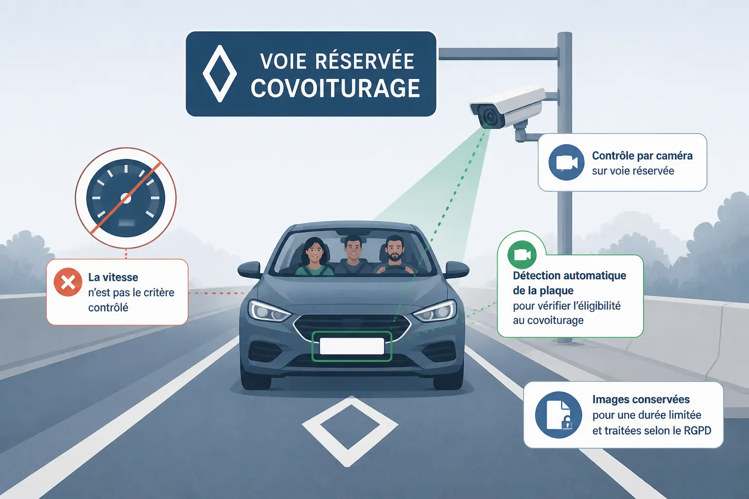 Radar covoiturage : voie réservée, caméra de contrôle, voiture avec 2 occupants et pictogramme RGPD