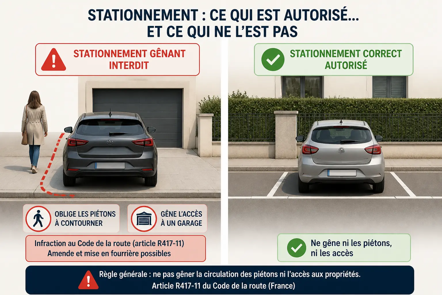 Stationnement gênant : voiture bloquant trottoir et accès garage, avec rappel d’un stationnement correct.