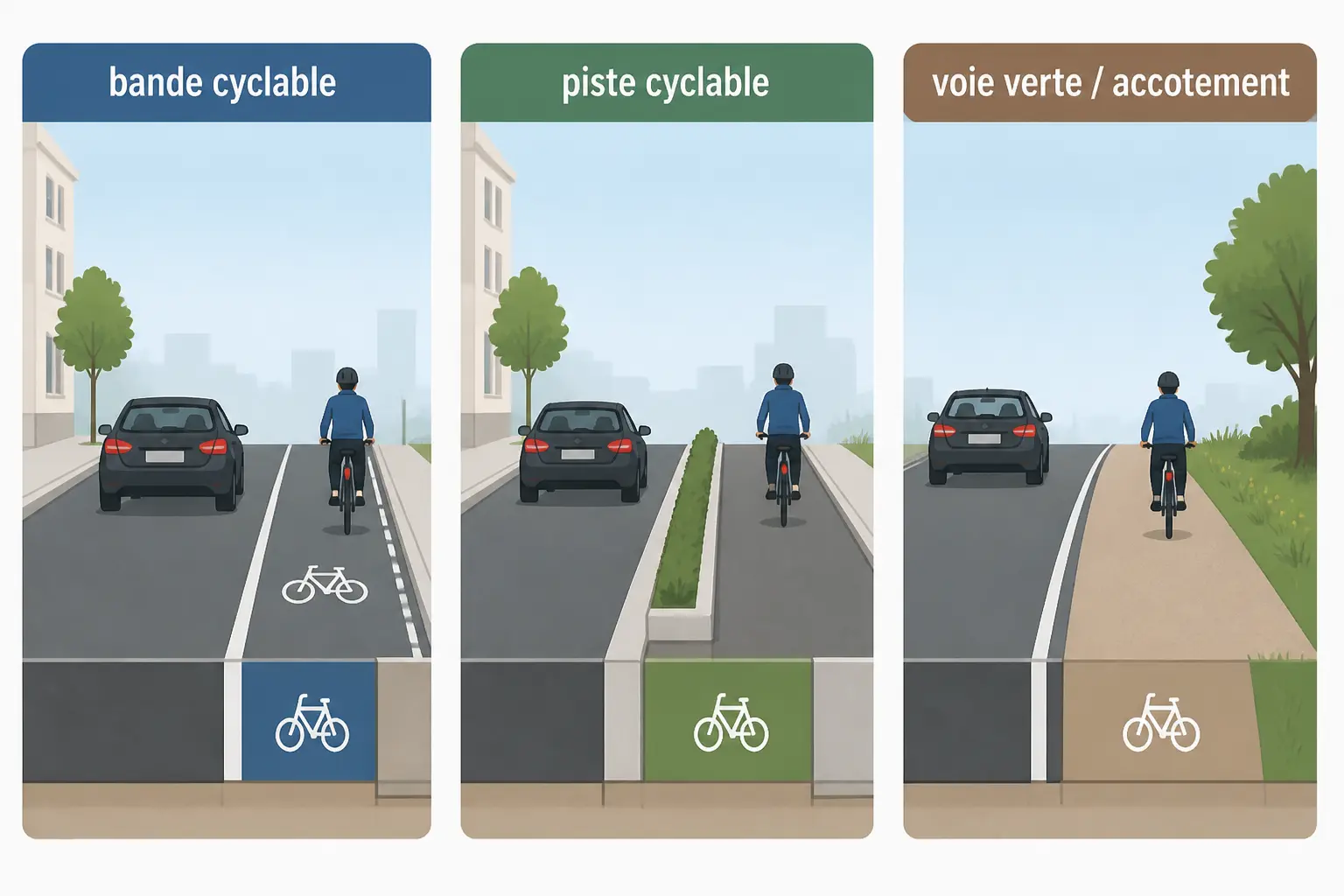 Comparatif de bande cyclable, piste cyclable et voie verte/accotement sur trois coupes de route.