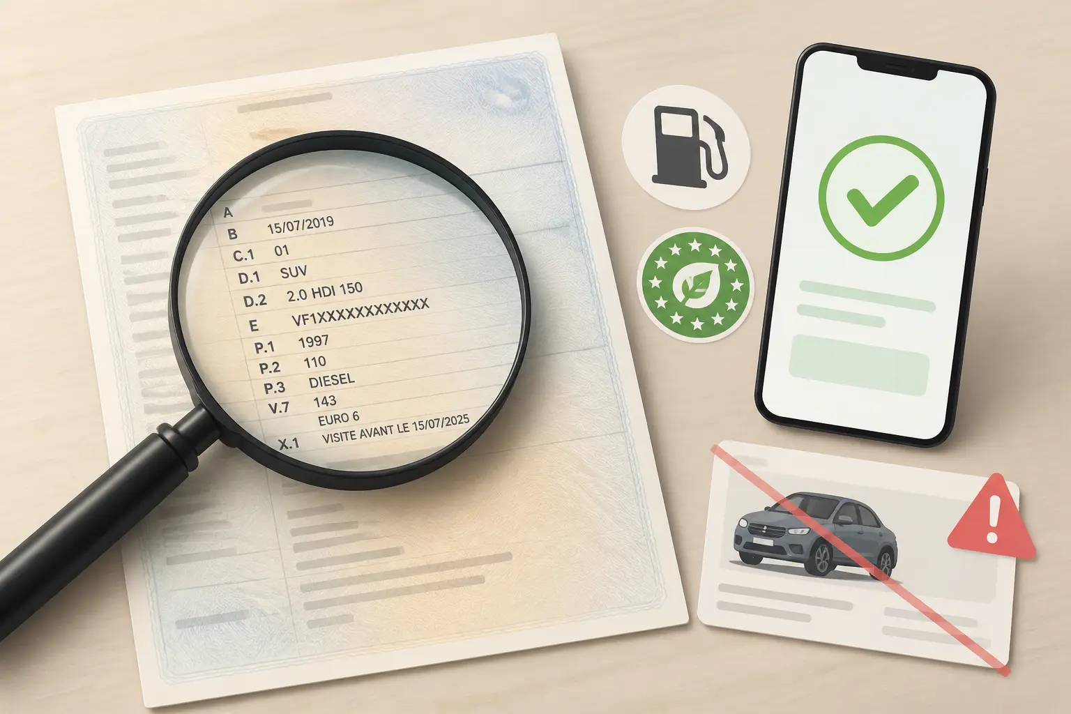 Carte grise française avec loupe sur les champs clés, icônes carburant et crit air 1, smartphone de vérification