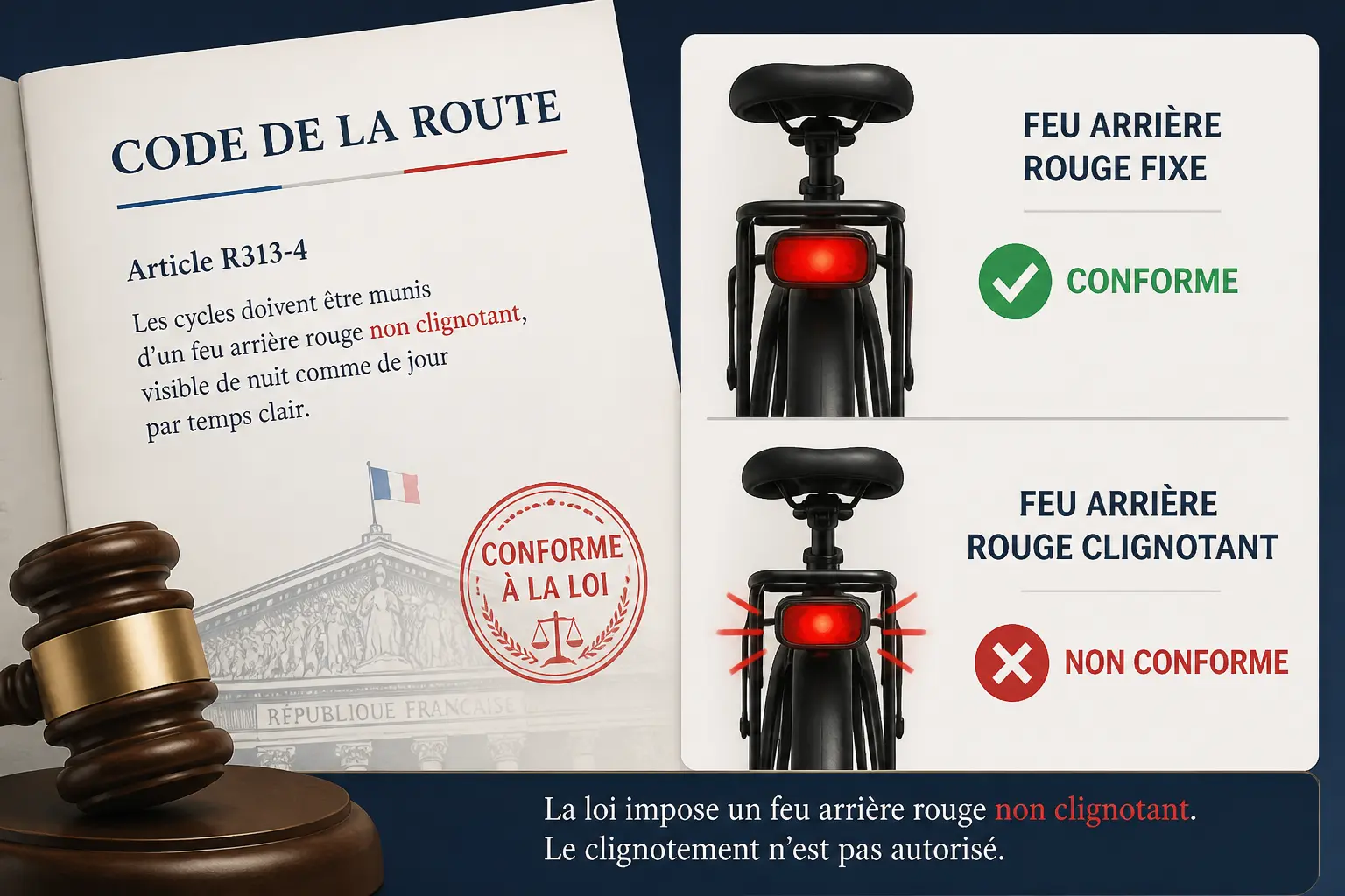 Feu rouge clignotant velo interdit : infographie montrant un feu fixe conforme et un feu clignotant non conforme.