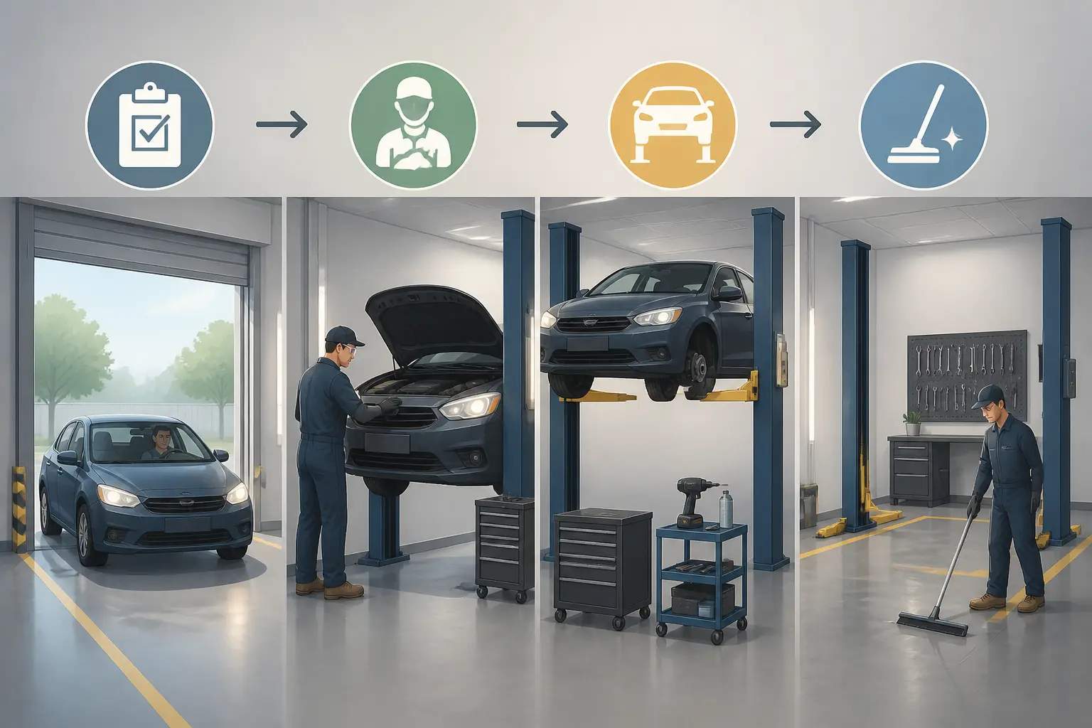 Garage libre service pour réparer soi-même : atelier auto en libre accès, voiture sur pont, outils et nettoyage final.