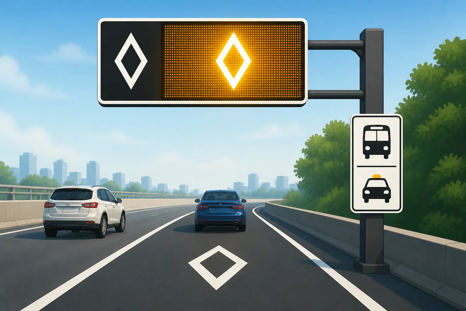 Radar covoiturage : voie réservée activée par panneau lumineux, ligne blanche et véhicules autorisés