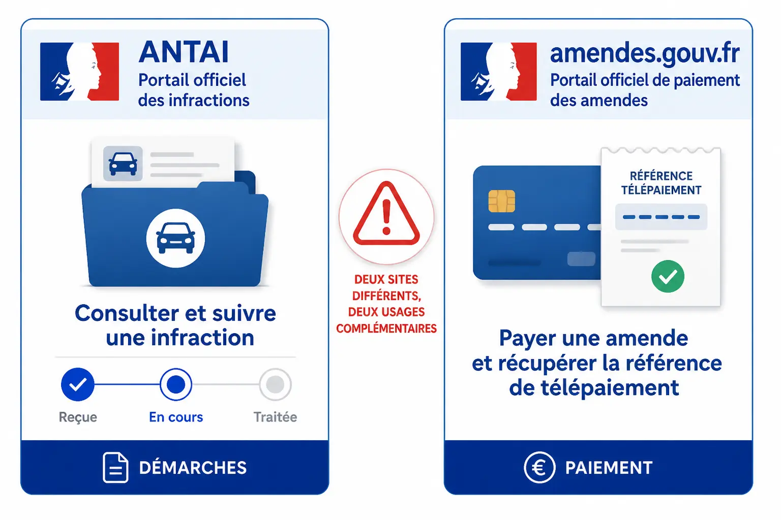 Savoir si j'ai une amende : comparaison entre ANTAI pour suivre une infraction et amendes.gouv.fr pour payer