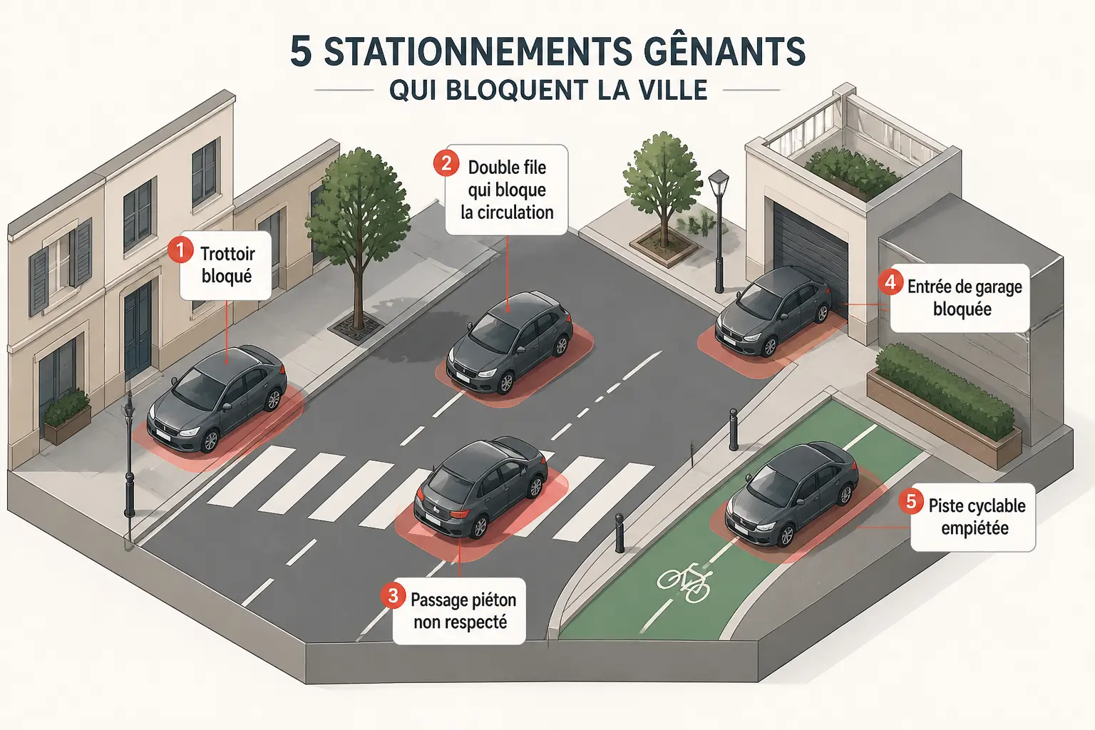 Stationnement genant : cinq cas concrets illustrés, trottoir, double file, passage piéton, accès bloqué, piste cyclable