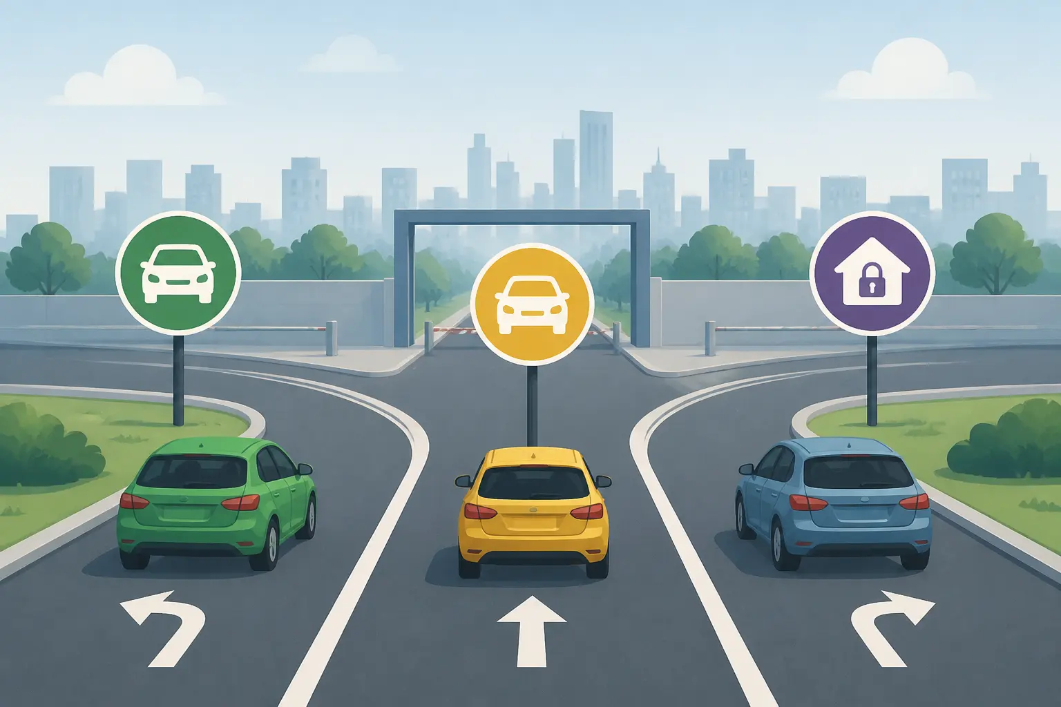 Checkpoint urbain avec voies Crit Air 1, Crit Air 2 et accès restreint, illustrant la ZFE