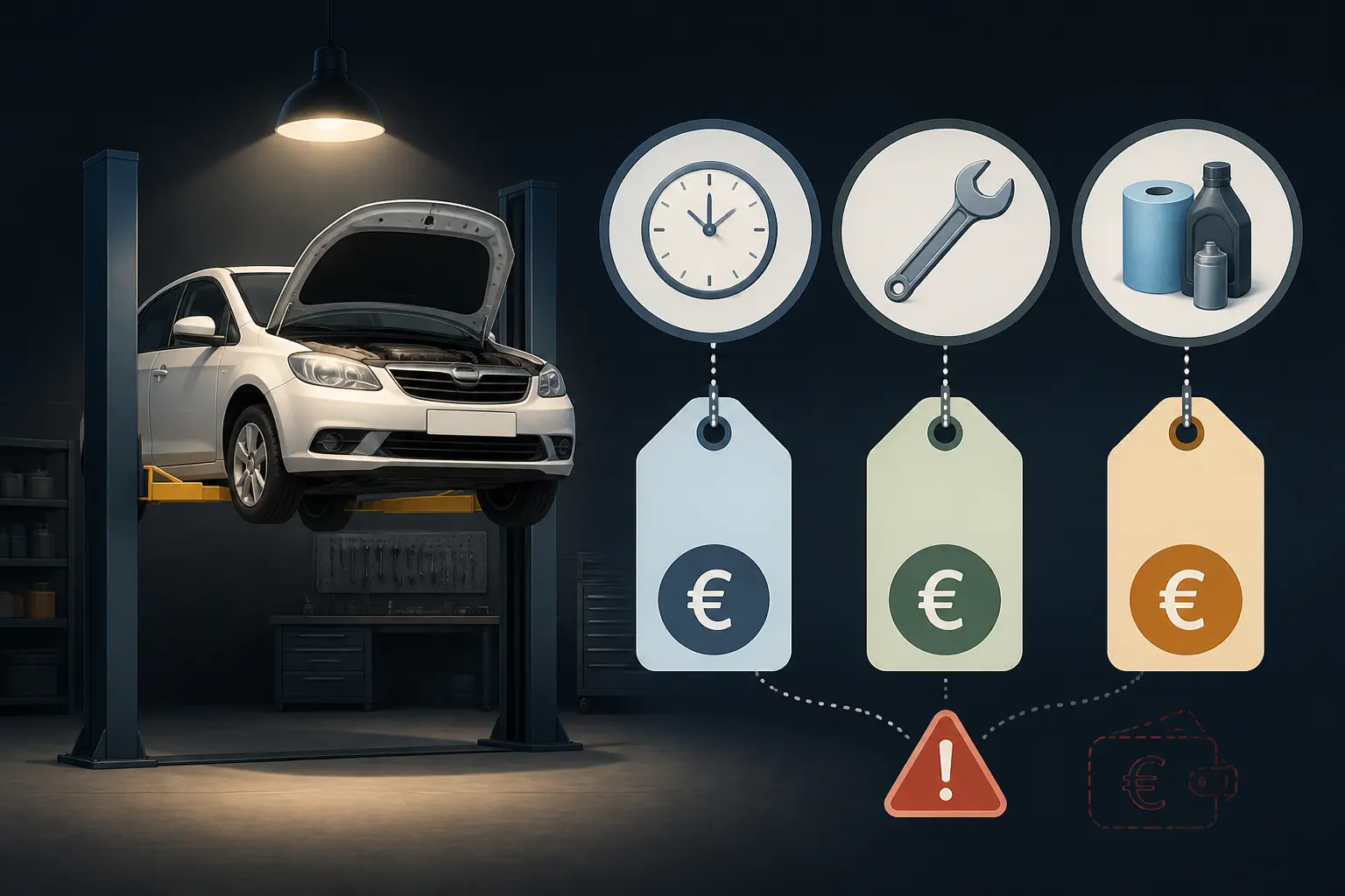 Garage libre service pour réparer soi-même : voiture sur pont, outils et prix, avec alerte sur coût imprévu