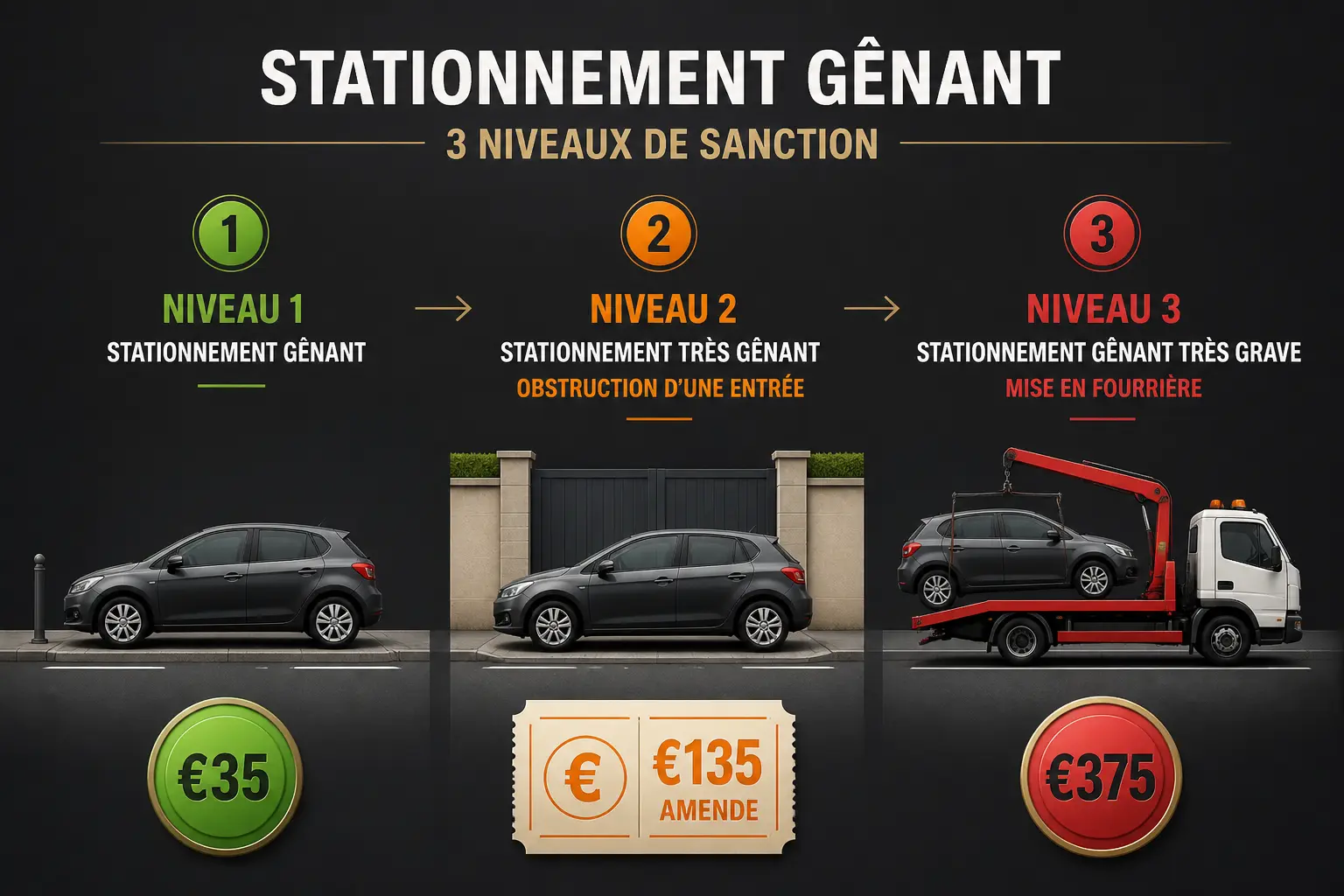 Stationnement genant : trois niveaux de sanction illustrés, de 35 € à la mise en fourrière.