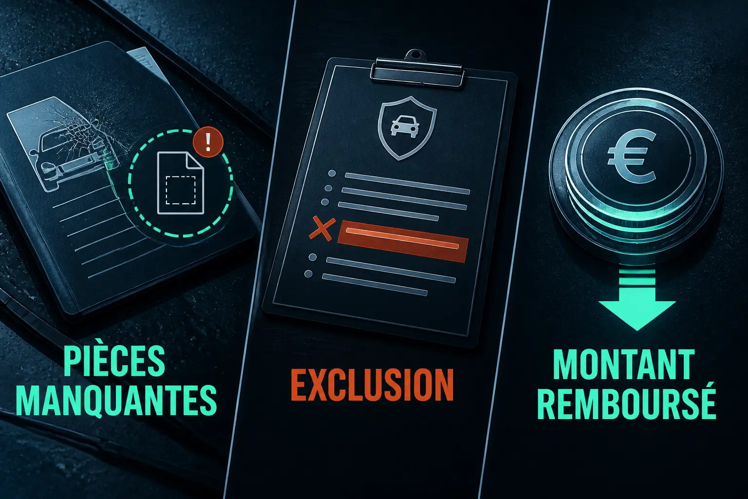 Infographie sur le refus prise en charge bris de glace : pièces manquantes, exclusion de contrat et montant remboursé réduit.