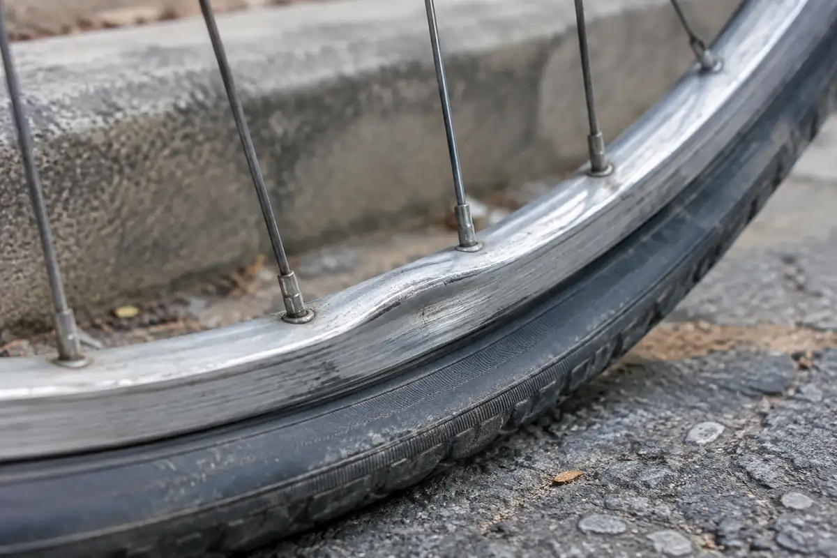 Jante de vélo en aluminium au flanc enfoncé après un choc contre un trottoir